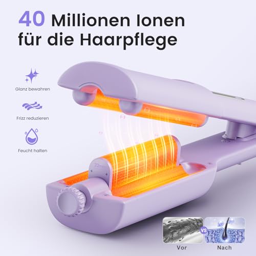 22/25/32/38 mm Adjustable Wave Iron for Hair - 4-in-1 Beach Waves Curling Iron, 3 Barrels Curling Irons with Display, Burn Protection, Fast Heating, 4 Temperatures (140-210°C), Purple