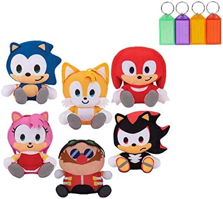 Sonic The Hedgehog Shadow Tails Knuckles Amy Dr. Eggman Plush Stuffed Figure Official Licensed + Bonus with Name Tag (Set of 6)