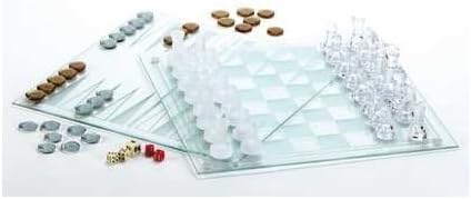 Large Decorative Glass 3-in-1 Game Set: Chess, Checkers, Backgammon
