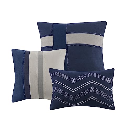 MADISON PARK PALISADES COMFORTER SET MODERN FAUX SUEDE PIECED STRIPE DESIGN, ALL SEASON DOWN ALTERNATIVE COZY BEDDING WITH MATCHING SHAMS, DECORATIVE PILLOWS, CAL KING(104″X92″), BLUE 7 PIECE