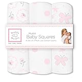 SwaddleDesigns Cotton Muslin Squares, Set of 3, Pastel Pink Butterfly Fun
