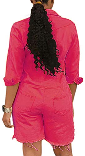 Women Sexy V Neck Denim Rompers Casual Denim Stand Collar Fasten Short Sleeve Button Up Riders T Shirt Jacket Tops BIb Loose Comfy Wide Leg Short Pants Party Club Outfits with Pockets