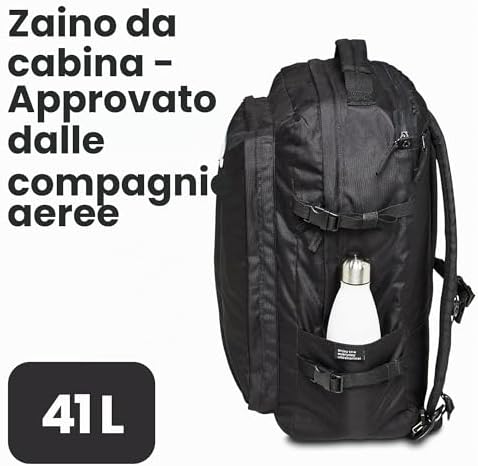Zaino Viaggio FREEWAY, Zaino Aereo, Valigia, Bagaglio da Cappelliera 35 x 50 x 20 cm, Tasca Porta PC, Tasca Porta Borraccia, Cinghie Regolabili, Cinghe Interne Fermabiti, Nero
