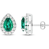 Lab Created Emerald and Lab Grown Diamond Halo Stud Earrings for Women | 10K Solid White Gold Earrings | Multiple Shapes and Weights to Choose From