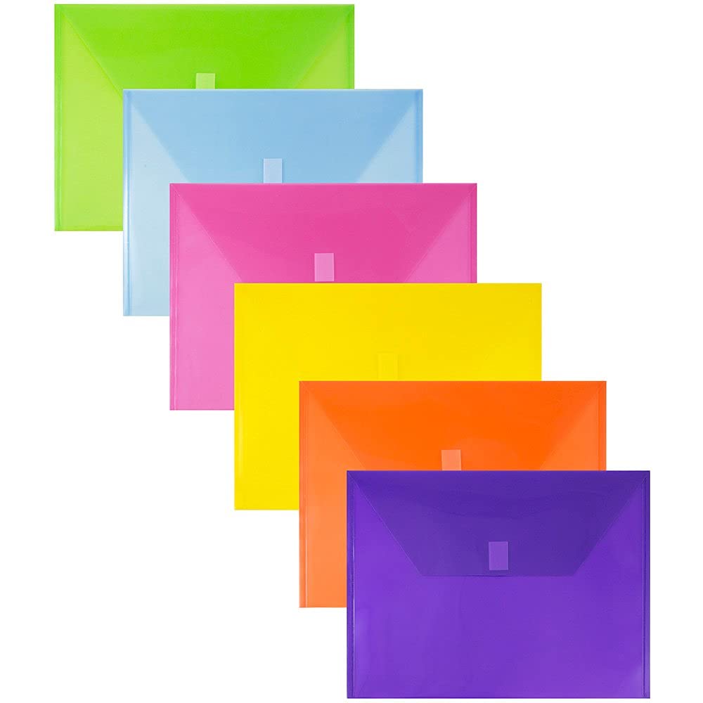 JAM PAPER Plastic File Folders with Hook & Loop Closure - Booklet - 247.6 x 330.2 mm - Assorted Colours - 6/Pack