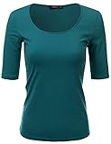 Doublju Womens Basic 3/4 Sleeve Solid / Striped Round Neck T-Shirt