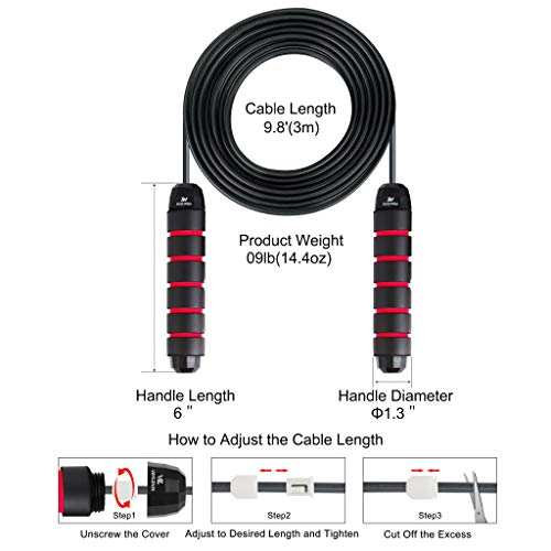 VOXLOVA Weighted Speed Jump Rope - Removable Weights, Adjustable Wire Steel Cable, Memory Foam Handles, Professional Skipping Rope for Cardio Fitness Workouts (9.5oz Weight bar-Black)