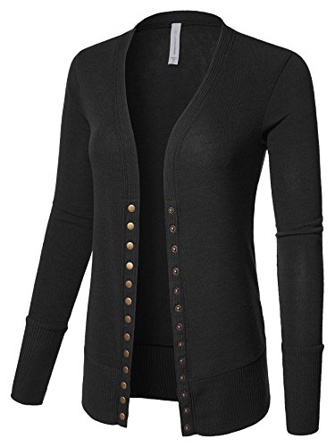 Mixed Knit V-Neck Brass Snap Button Sweater Cardigans,Large,027-Black