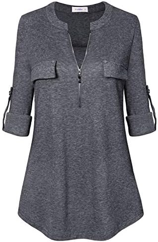 Siddhe Women's Zip Front V-Neck 3/4 Sleeve Tunic Tops Casual Shirt Blouse