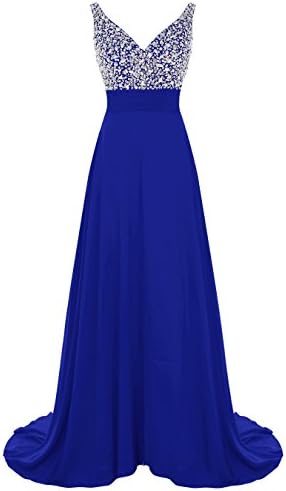 ALAGIRLS Long V Neck Prom Dress Beaded Chiffon Evening Party Gowns