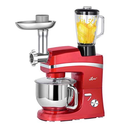 Litchi 5.3 Quart Stand Mixer, 6 Speed Tilt-Head Stand Mixer with Meat Grinder, Blender, Sausage Stuffer, Pasta Dies, Dough Hook, Mixing Blade, Flat Beater, Whisk and Pouring Shield, Red