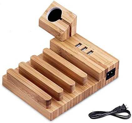 Bamboo Charger Stand Wooden Desktop Docking Station 3X USB Ports 5V 3A Multi-Device Charger Stand Organizer Cradle Cable Management Compatible for iWatch iPhone iPad Tablets Smartphones (3Port Stand)