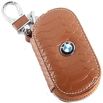 Key chain Bag Oval fish scale stripes Genuine Leather Ring Holder Case Car Auto Coin Universal Remote Smart Key cover Fob Alarm Security Zipper keychain Wallet Bag (Brown, Bmw)