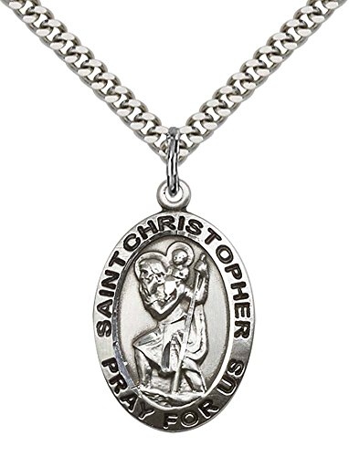 Sterling Silver St. Christopher Pendant with 24" Stainless Steel Heavy Curb Chain. Patron Saint of Travelers/Motorists