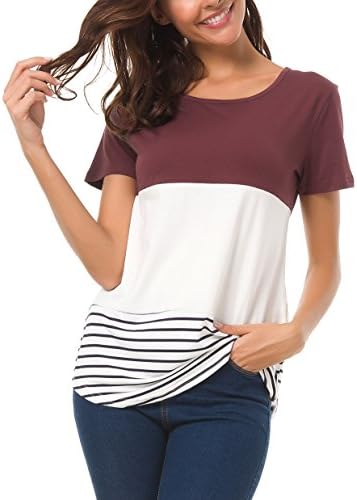 Mounblun Short Sleeve Round Neck Triple Color Block Stripe T-Shirt Casual Blouse