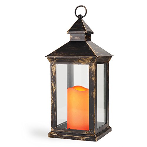 BRIGHT ZEAL 14" TALL Vintage Decorative Lantern with LED Flickering Flameless Candles (Distressed Bronze, 6HR Timer, Battery Included) - Candle Lanterns Indoor Hanging Lights Outdoor Lanterns 1182Y