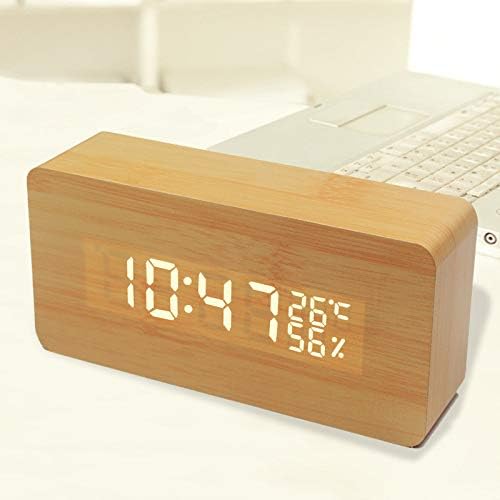 IDABAY Digital Alarm Clock Wooden Clocks LED 3 Brightness Adjustable Settings Voice Control Dual Power Timer Date Temperature Humidity for Home Bedroom Office (Yellow, Rectangle)