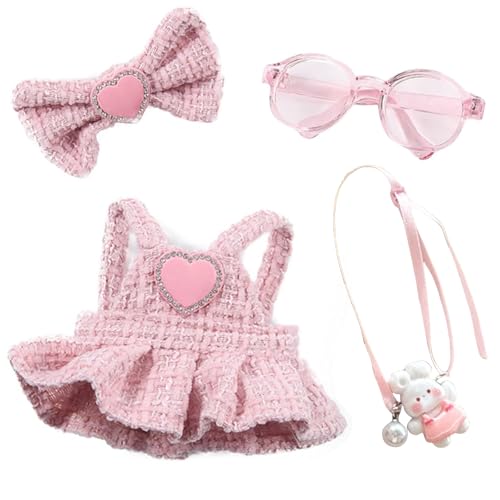 6.7in/17cm Doll Clothes Set(NO Doll), 4 Pcs Pink Outfit Set Includes Premium Fashion Dresses & Bow Hairpin & Glasses & Cute Rabbit Charm, Luxury Chic Doll Clothing Accessories (4-Piece Set)