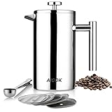 Aicok French Press Coffee Maker, Double Wall Stainless Steel Coffee Press, 8-Cup Coffee Percolator with 5 Bonus Screens and Scoop, 34 oz / 1L