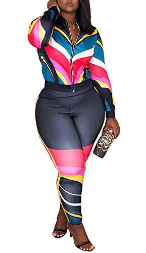 Women's Floral Print 2 Piece Set Open Front Zipper Jacket and Skinny Long Pants Plus Size Tracksuit