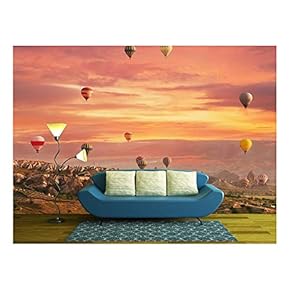 Multi-Colored Air Shata Fly Over Rocks in Cappadocia at Sunrise - Removable Wall Mural | Self-Adhesive Large Wallpaper - 66x96 inches