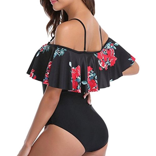 Womens Ruffle Flounce Off The Shoulder Swimsuit Bikini Printing Floral One-Piece Swimwear Monokini Bathing Suit (Black, L)