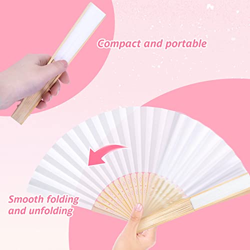 JOHOUSE 12PCS White Folding Fans, Handheld Fabric Fan Foldable Chinese Japanese Bamboo Fans for Women Wedding Dancing DIY Wall Decoration