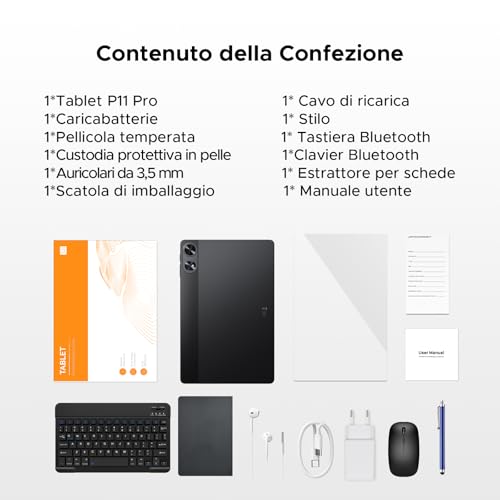 BIRDCLAW P11 Pro Tablet 11 Pollici, Gemini AI Tablet Android 16, 48GB RAM+128GB ROM/2TB TF, 8800mAh/18W, Octa-Core T7250, 90Hz, 13MP+5MP, GPS/FM/Face ID, Tablets con Tastiera e Penna, Nero