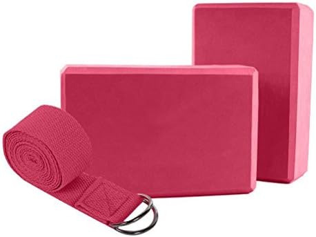 Yoga Blocks 2 Pack and Strap Set Yoga Bricks and Yoga Strap Totally 3 Pcs (Rose Red, 2 Blocks and 1 Strap)