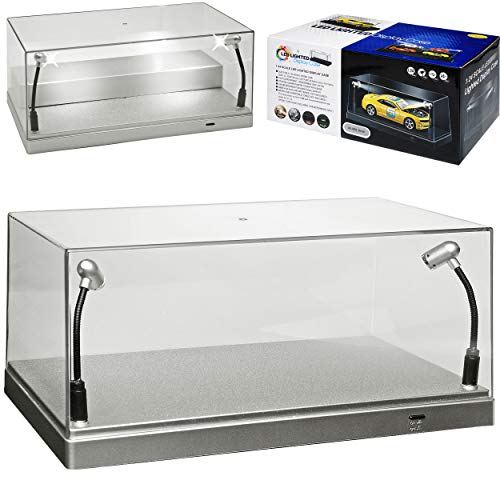 Unbekannt Acryl Vitrine mit LED Beleuchtung mit Silber Sockel für Modellauto 1/43 1/64 1/72 1/87 1/32 1/24…