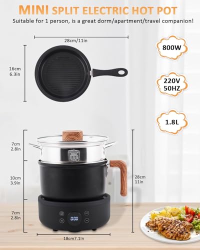 Electric Hot Pot Mini Cooker, 1.8L Ceramic Non-Stick Frying Pan with Steamer, 800W Multifunction Skillet for Stew, Ramen, Pasta & Soup, Ideas for Home Dorm & Travel