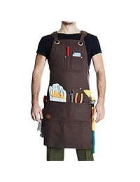 Delantal de trabajo para tienda   Delantal de lienzo encerado para carpintería con 6 bolsillos espaciosos   Herramienta de delantal duradera con toalla de microfibra incluida   sin dolor de cuello, correas cruzadas inteligentes   totalmente ajustable de S