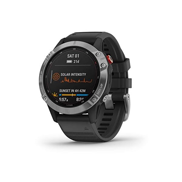 Garmin fenix 6 Solar, Solar-powered Multisport GPS Watch, Advanced Training Features and Data, Silver with Black Band