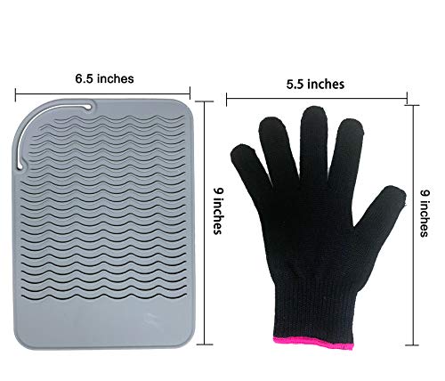 Heat Resistant Mat Pad and Heat Resistant Glove for Curling Irons, Hair Straightener, Flat Irons and Hair Styling Tools 9" x 6.5", Food Grade Silicone, Gray