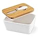 KKTICK Large Butter Dish, Ceramic Butter Keeper with Knife and Wooden Lid, White Butter Holder Perfect for 2 Sticks of Butter Keep Fresh, Porcelain Butter Container