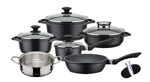 GSW 414562 Gourmet Granite Cooking Pot Set 10 Pieces Aluminium Glass Plastic Stainless Steel Black - Thumbnail 4