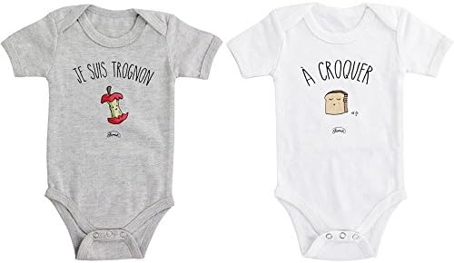 Le Fabuleux Shaman 38-1X-012 Baby Bodies with "Je Suis Trognon et à Croquer" ("I'm trognon and Chewing") Design Set of 2 Assorted Grey and White Cotton Fasteners Size 3 to 6 Months