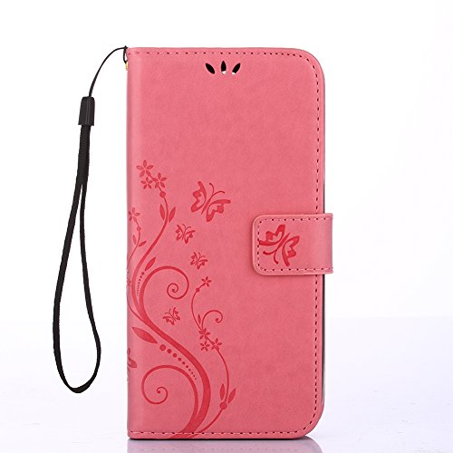 Wallet Leather Case for iPhone X,Book Style Pu Leather Case for iPhone X,Herzzer Retro Light Pink Butterfly Flower Pattern Flip Fold Pouch Case with Card Holders Stand Magnetic Case - Thumbnail 2