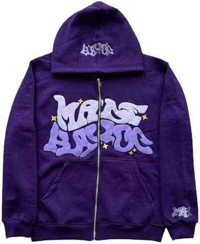 grhaat Y2k Puff Letter Print Zip Up Hoodie Star Sweater Casual