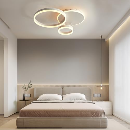 MOUNM Bedroom Chandelier, LED Ceiling Light Dimmable 3000K-6000K Aluminium, 54W 5400lm, for Bedroom, Living Room, Living Room, with Remote Control, Three Circles