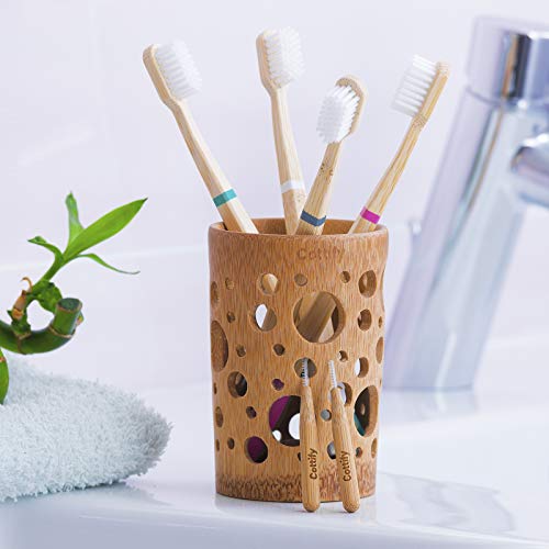 Cottify Pack de 4 Brosses à Dents en Bambou Biologique avec 10 Brossettes Interdentaires/Poils Souples sans BPA/Biodegradable/Vegan/Brosse à Dents écologique/Pratique / 4 Coloris