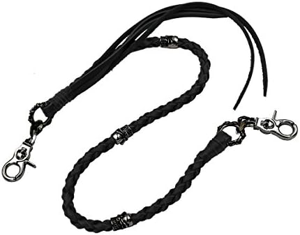 Uniqsum Braided Genuine leather wallet chain Swivel Trigger snap Biker Punk Key chain (Skull Black B)