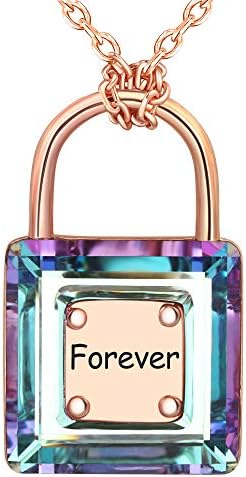 ENGSWA Women Square Crystal Lock of Love Pendant Necklace Engraved Gift for Girlfriend or Wife