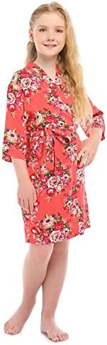 YueQiW Children's Rayon Cotton Floral Satin Kimono Robe for Wedding Dressing Gown Sleepwear(8,Coral)