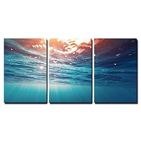 3 Piece Canvas Wall Art - Underwater View of The Sea Surface - Modern Home Art Stretched and Framed Ready to Hang - 16"x24"x3 Panels