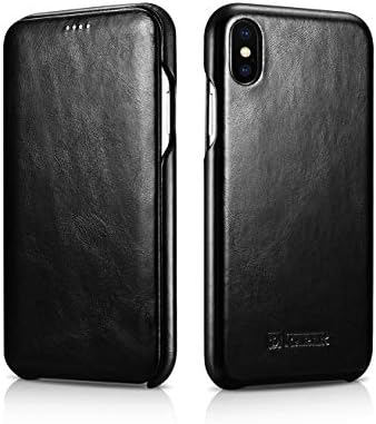 Fonrest Flip Leather Case iPhone XR : Icarer [Curved Edge Vintage Series] Cowhide Side Flip Slim Fit Genuine Leather Folio Cover iPhoneXR 6.1inch 2018 (Black)