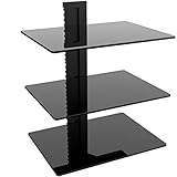 WALI Floating Wall Mounted Shelf with Strengthened Tempered Glasses for DVD Players, Cable Boxes, Games Consoles, TV Accessories (CS303), 3 Shelves, Black