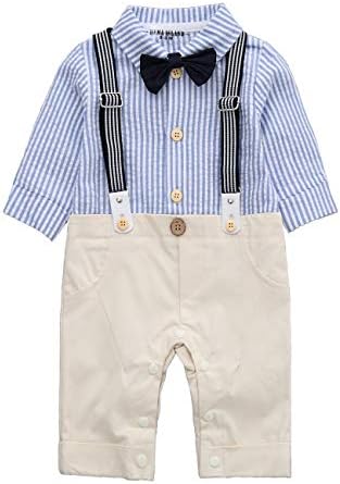 HMD Baby Boy Blue Stripe Shirt Bowtie Tuxedo Onesie Jumpsuit Romper