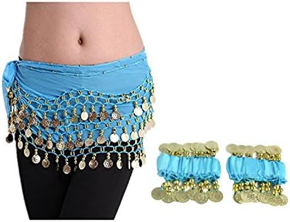 Gold Coins Belly Dance Chiffon Hip Scarf - Dance Belt & Wrist Ankle Cuffs Bracelets