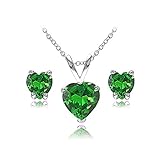 Sterling Silver Simulated Emerald Heart Solitaire Necklace & Stud Earrings Set